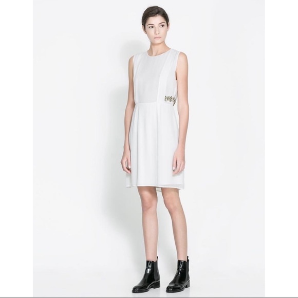 NEW Zara Ivory Dress With Gold Floral Embroidery - Picture 3 of 9